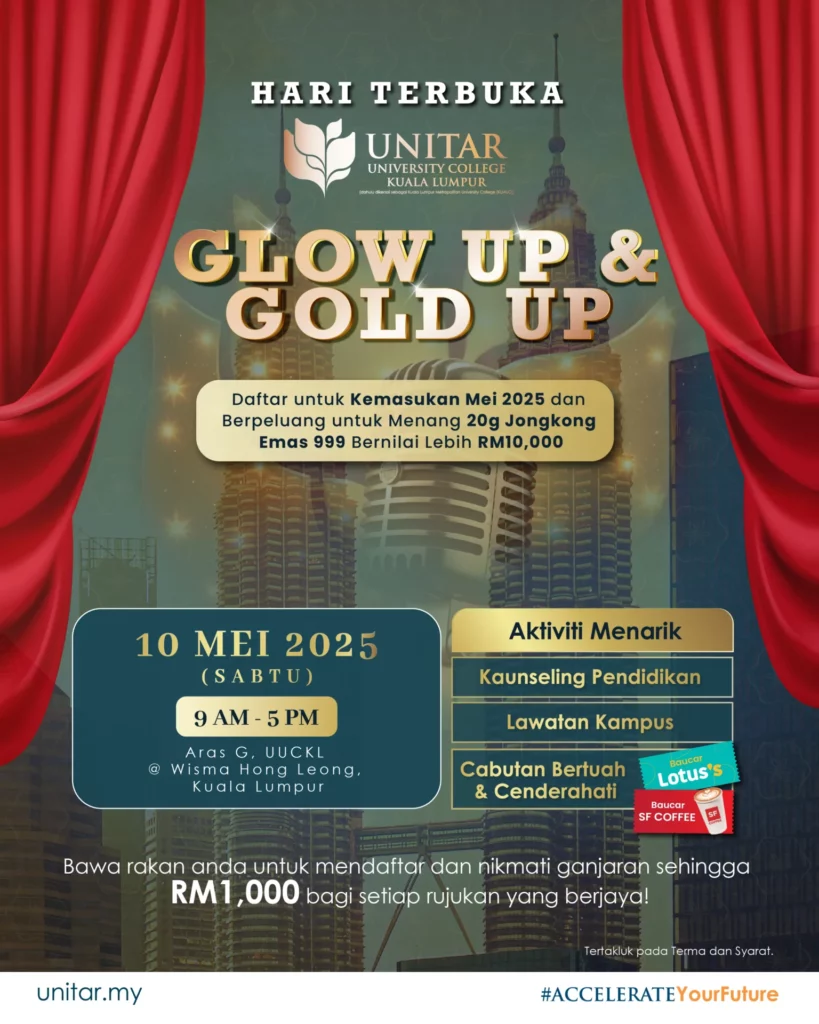 UNITAR Open Day 2025 mempromosikan bakal hadiah emas 20g dan aktiviti kampus di Kuala Lumpur pada 10 Mei