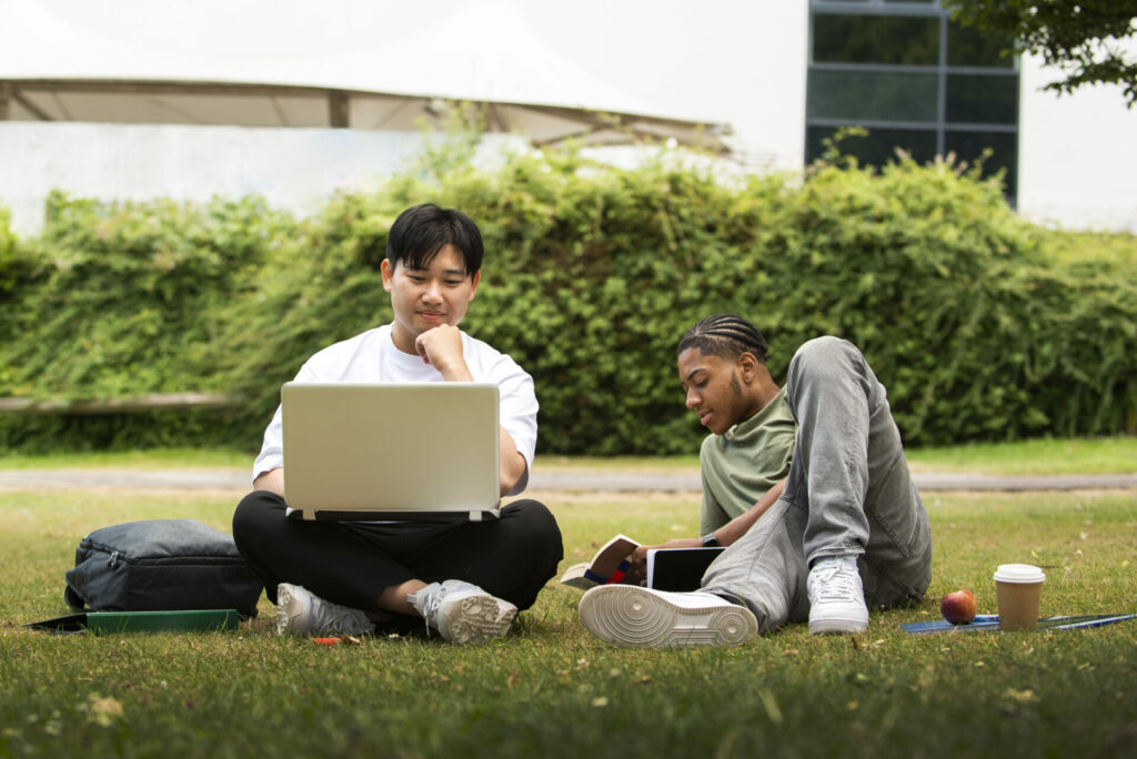 college students cramming outdoor