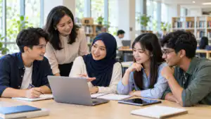Malaysian university students collaborating on a learning project with guidance from a mentor